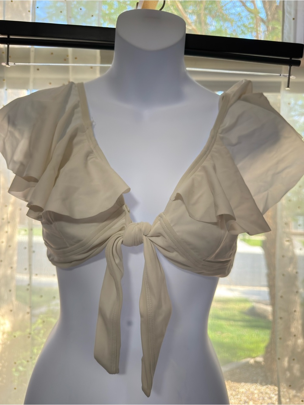 Unique Vintage Cream Tie-Front Ruffle Swim Crop Top